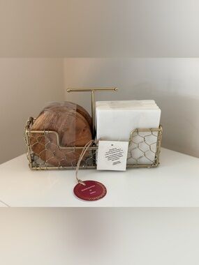 Set of 8 Plate Coasters 4 Marble 4 Wood with Gold Tone Metal Holder